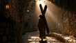 © Elena - Jesus walks slowly on a dark path, carrying a large wooden cross on his back This scene shows a key moment in history during his journey.