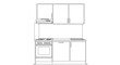 © Fathul - Architectural line art of a compact kitchen layout with integrated stove, oven, range hood, and cabinets. Black and white blueprint drawing.