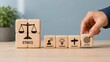© emwe studio - Ethical business decision making framework showing hand completing a sequence of wooden blocks from judgment to action