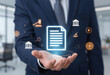 © amitkumar71 - Cinematic Closeup of Business Professional Holding Holographic Legal Document Icon.