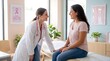 © Matos - Friendly young female physician with stethoscope communicate with smiling woman during medical examination in clinic