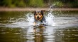 © Deginar - A playful dog enjoying a swim in a serene pond on a sunny day isolated on white background