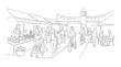 © Bola - Farmers Market Scene Sketch - People Shopping, Cycling, and Dining Outdoors