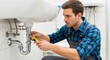 © twilight mist - Professional plumber repairing a leaking sink pipe in a modern bathroom with specialized tools