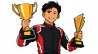 © Tembok - Young man holding two trophies proudly.