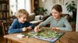 © Felippe Lopes - Happy young brother and sister playing a fun board game together at a wooden table in a cozy bright living room at home