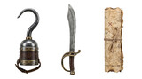 Vintage pirate equipment hook cutlass and treasure map, isolated on transparent background