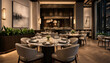 © momin - Luxury hotel restaurant interior with round dining tables and contemporary upholstered chairs in dimly lit evening setting restaurant interior hospitality furniture ambiance elegance