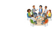 © Guilherme - Group therapy session with diverse people sitting in a circle on chairs around a table with coffee mugs and tissues, vector illustration