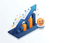 © Guilherme - A 3d isometric illustration of a blue and orange graph with an upward trend and a smiley face