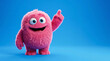 © Hub - Cheerful pink furry monster character pointing up with a big smile on a solid blue background, cute 3D cartoon creature mascot illustration