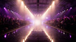 © Hub - Fashion show runway with bright stage lighting and seated audience in a dark event hall with purple atmosphere