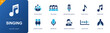 © Anna - Singing icon set. Containing choral group, girl group, microphone, music notes, singing glasses, singing mic, singing performer, sound wave, vocal symbol and more. Solid fill vector icons.