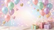 © MDShamsulHaque - Pastel birthday background with balloons and gifts celebration design