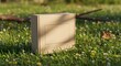 © M Graphix Zone - Rectangular cardboard box with blank central label sitting in grassy field with wild spring flowers and sunlight creating shadows of tree branches above.