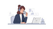 © Samsul - A young woman in a blazer and headphones sits at a desk with a laptop, sipping from a coffee cup in a minimalist office setting.