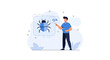 © Savira - Programmer points to bug icon on screen, software development and debugging concept, flat design vector illustration
