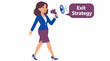 © Bolo - Businesswoman holding exit strategy megaphone illustration.