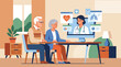 © Inara Studio - Elderly senior couple sitting at a desk in a home interior having a remote telehealth video consultation with a female doctor on a computer monitor showing medical data icons.