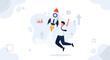 © Lidia - Excited Businessman Holding Rocket Launching Upward with Growing Chart and Arrows
