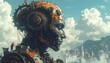 © gambar - A towering metallic head with exposed gears and wiring gazes over a city shrouded in mist under a vast, cloud-filled sky. A small figure stands on it