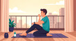 © budi - Flat vector illustration of a young man sitting on a yoga mat on a city balcony at sunset, practicing mindfulness and deep breathing exercises with urban skyline and sunrise clouds.