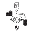 © AtulRoy - Business handshake icon with financial growth documents and shield security symbol safe guard magnifying glass deal making handshake business contract security agreement cooperation document