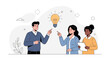© Sean - Team of diverse people collaborating and brainstorming, pointing at a glowing lightbulb symbolizing new ideas and innovation.