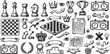 © Ruma - Vintage hand drawn chess game strategy vector icon set featuring king queen knight rook board tournament timers trophies ribbons and tactical elements isolated on white background