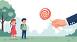© Michael - Giant hand reaching out to offer a large colorful swirl lollipop to two curious children in a school park setting.