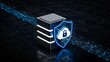 © Farhat - A futuristic illustration of a server with a shield and lock on a dark background with blue neon lines and binary code