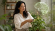 © dinatychynska - Woman trimming houseplant glowing green brain organic neural pattern, nature therapy brain recovery slow living, cognitive wellness mindfulness indoor calm neuroplasticity.