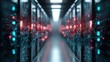 © SynthiView - Abstract network connections overlaying a futuristic server room with glowing lights