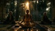 © Breezze - Three senior women meditate in a tranquil park under a warm golden light shaft for healthy lifestyle and wellness content