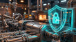 © Mirivox - Holographic security shield over industrial machinery, symbolizing digital protection in manufacturing and technology sector