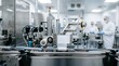 © WisChi - Pharmaceutical production line with automated labeling machine and sterile clad workers in background