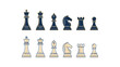© MSTSHOHAGi - Chess pieces set with black and white pawns, rooks, knights, bishops, and kings in various positions