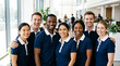 © Len_mik - Diverse group of smiling employees in matching uniforms. Happy multiethnic corporate team wearing blue polo shirts in a modern office