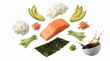 © khokhar - Fresh salmon sushi ingredients levitating on white background, raw fish fillet with avocado and rice, deconstructed japanese food elements for menu design