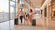 © Vladimir Sazonov - Happy young family with rolling luggage walking together through a bright modern airport terminal, smiling parents and children going on a luxury summer vacation.