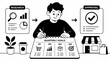 © Launa - Person planning business goals with research and approval steps.
