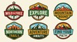© Artem Zatsepilin - vintage outdoor adventure badges with mountains and compasses. explore and hiking concept. retro travel logo templates. graphic design elements, banner, website header with copyspace.