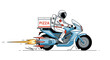 © Protik - Astronaut in a space suit rides a rocket powered motorcycle to deliver hot pizza in a funny science fiction concept.