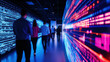 © Tee nuT - Group of people walking through modern corridor with vibrant digital data visualizations on walls, showcasing technology and innovation