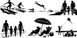 © MdJherulIslam - Summer beach vacation activities family surfing swimming relaxing silhouette vector isolated on white background