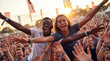 © Morrina - Rock music festival fans crowd surfing celebrating for concert entertainment social gathering friendship marketing greeting card poster design