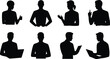 © Arif Creatives - Business people silhouette vector illustration showing gestures, laptop use, tablet holding, communication poses, and professional workplace activities