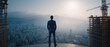 © Kingdola - Visionary of the Metropolis: A lone businessman in a sharp suit stands on a skyscraper's edge, gazing at a sprawling cityscape under a hazy, sunlit sky, symbolizing ambition and future prospects.
