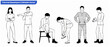 © Fernando - Thermal baselayers vector line art of people wearing winter undergarments, stretching, putting on boots, and standing. Black and white minimalist character set for outdoor athletic activewear design.