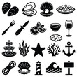 © MSTAYSA - Seafood dining vector icons with oyster platter lemon slices wine glass and ocean motifs